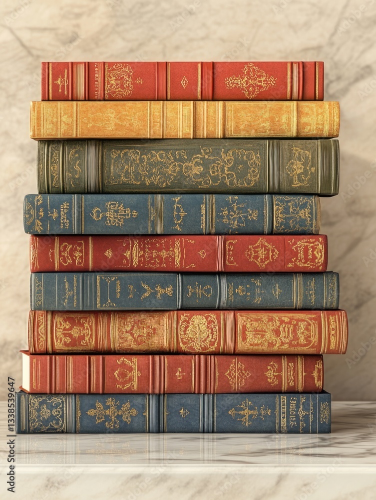 Poster a collection of books stacked on a table, perfect for a home library or office setting
