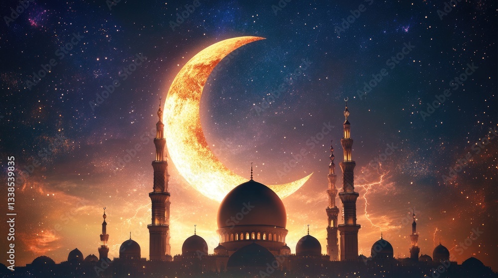 Poster A large building with a distinctive crescent shape on its roof, suitable for use in urban or futuristic settings