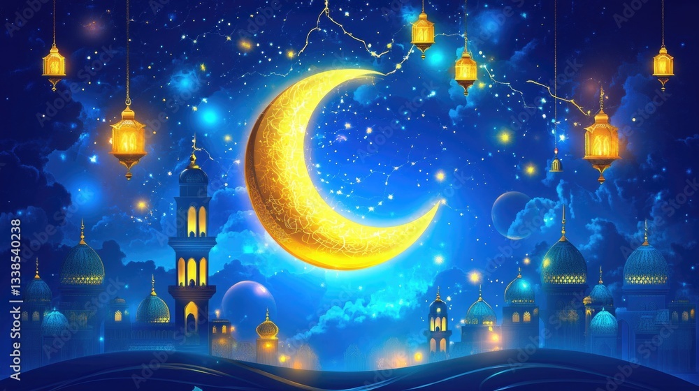Poster a nighttime scene with a crescent moon and lanterns providing light in the darkness