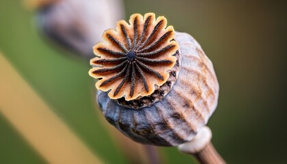Close View of a Mature Poppy Seed Pod Showcasing Intricate Details in a Natural Setting During Golden Hour