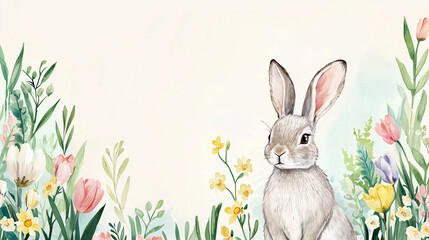 Obraz premium Spring Rabbit Watercolor Illustration with Flowers and Pastel Background