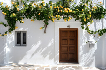 Fototapeta premium Yellow flowers on a white wall with a brown door.