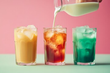 Refreshing trio of iced beverages with milk pour over pink and green background