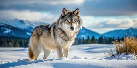Majestic Yellowstone grey wolf, a stunning wildlife photo capturing its wild spirit in Wyoming's national park.