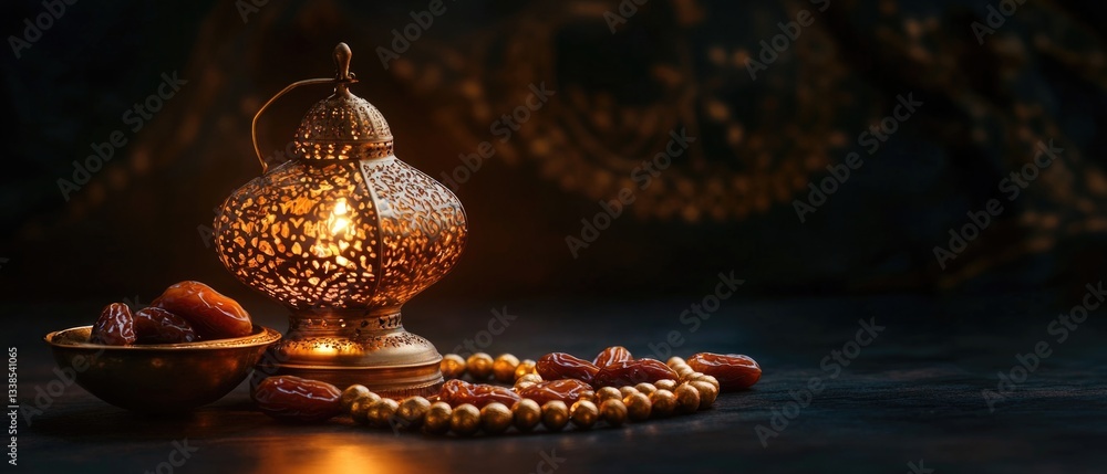 Aufkleber a golden lantern and a bowl of dates sit on a table
