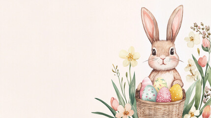 Fototapeta premium Cheerful Easter Bunny with Spring Flowers in Pastel Watercolors