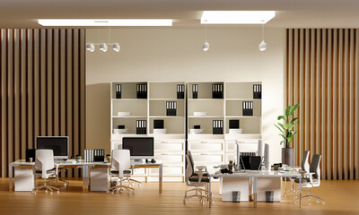 Inviting open office layout with multiple desks and stylish decor, 3D render illustration.