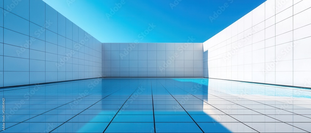 Poster serene architectural space with tiled walls and floor reflecting a clear blue sky creating a modern 
