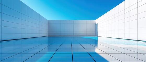 Obraz premium Serene architectural space with tiled walls and floor reflecting a clear blue sky creating a modern and minimalist aesthetic and a tranquil visual mood