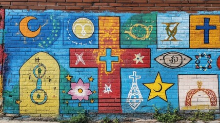 Colorful mural blending religious icons such as the cross, crescent, Om, and Star of David, symbolizing unity, diversity, and peaceful coexistence in a vibrant and harmonious design