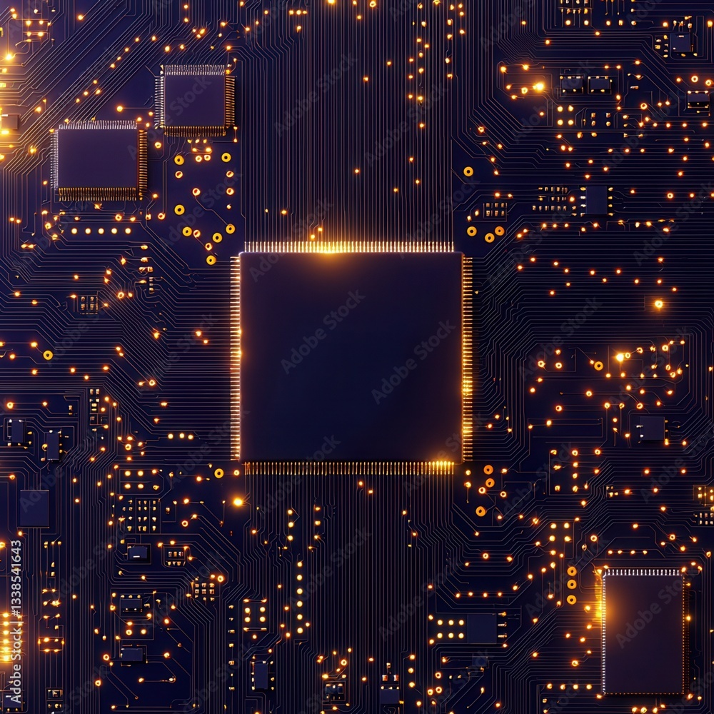 Poster future electronic circuit concept, close-up of a circuit board with intricate electronic components.
