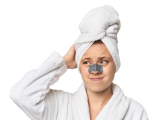 Young Caucasian redhead with pore strip touching back of head, thinking and making a choice.