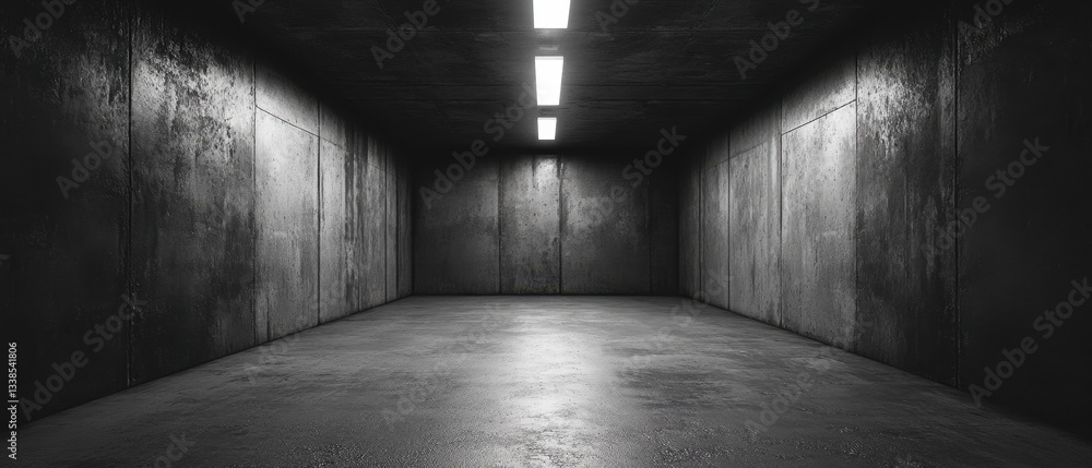 Poster industrial concrete tunnel with illuminated ceiling lights creating a dramatic and moody atmosphere 