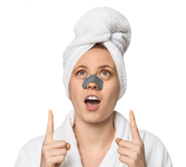 Young Caucasian redhead with pore strip pointing upside with opened mouth.