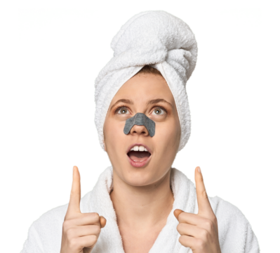 Young Caucasian redhead with pore strip pointing upside with opened mouth.