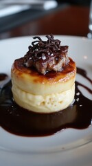 Exquisite caramel custard dessert with rich chocolate sauce and delicate garnish on a white plate culinary delight