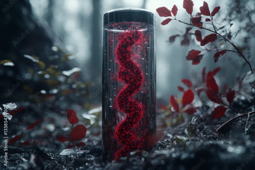 Poster mystical container with swirling red substance surrounded by forest foliage creates an enchanting at