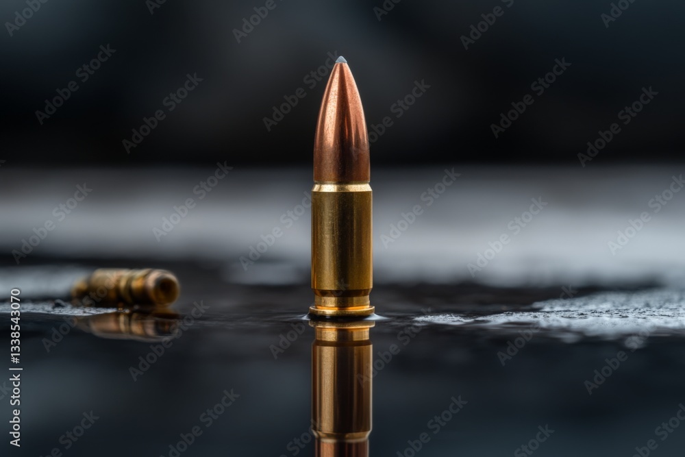 Poster Close-up of a bullet on a reflective surface with a blurred background showcasing precision and detail