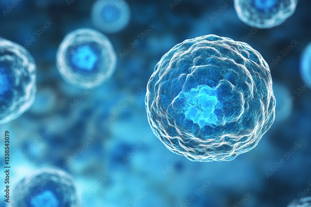 Poster Microscopic view of blue-colored cells showcasing vibrant structure and intricate details in a laboratory setting