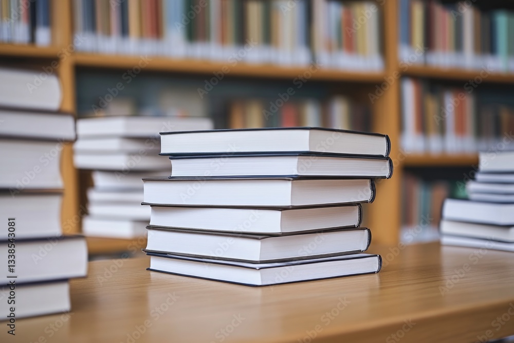 Poster a stack of books sits on a wooden table, perfect for reading and learning