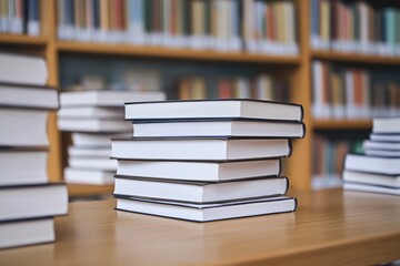 Fototapeta premium A stack of books sits on a wooden table, perfect for reading and learning