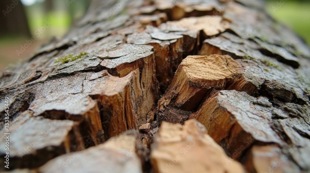 Poster a close up view of a cracked and weathered tree trunk