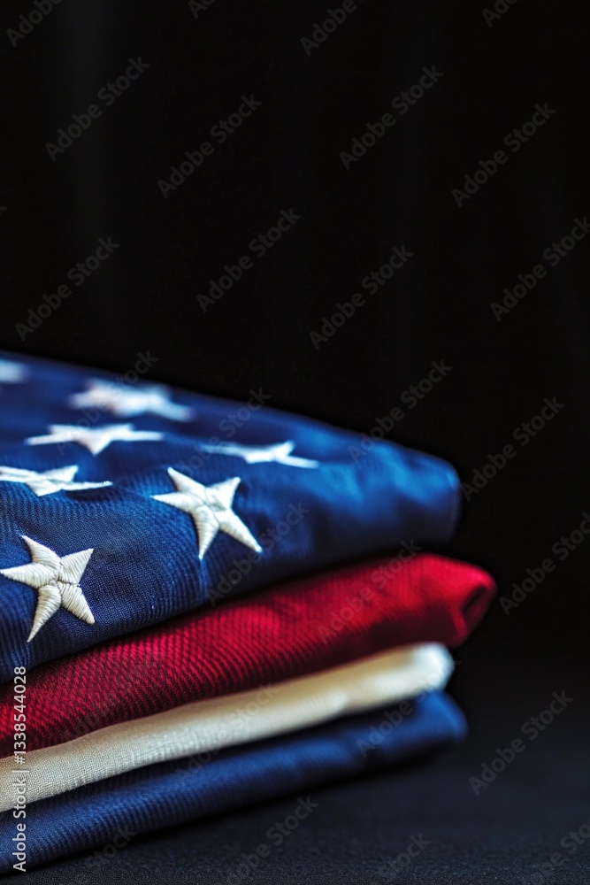 Poster stack of folded american flags on a wooden table, ready for display or storage