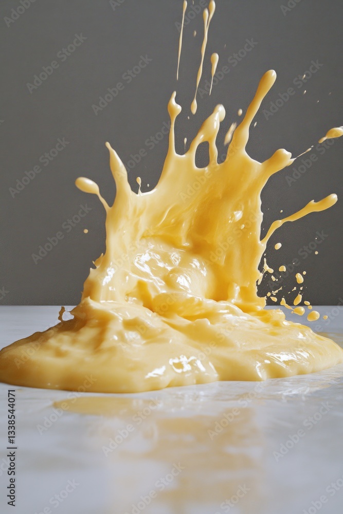 Poster a splash of yellow liquid on top of a table, ideal for illustrating a chemical experiment or laborat