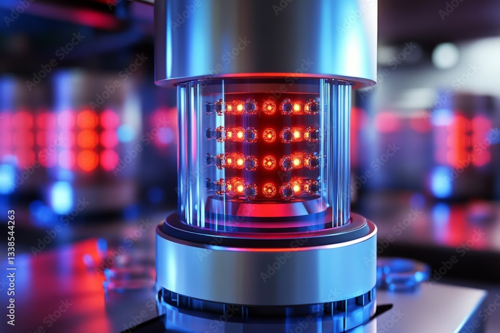 Poster advanced technology device featuring illuminated components in a laboratory environment at night