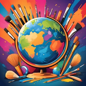 World Art Day background. World Art Day Celebration. April 15. Cartoon poto design Template for Poster, Banner, Flyer, Card, Post, Cover, competition, Event. painting, paint and brush.