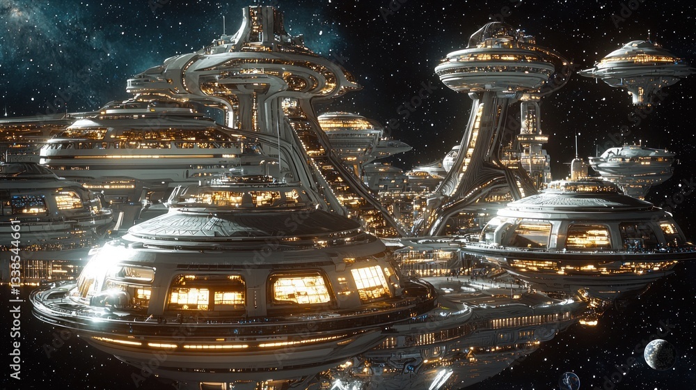 Aufkleber futuristic city in deep space featuring multiple illuminated structures