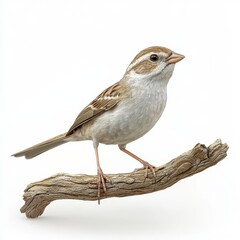 Fototapeta premium Detailed profile of a small songbird perched on a branch with a neutral background and natural feather coloration