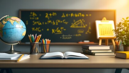 A classroom desk with books, a globe, pencils, and a tablet in front of a chalkboard filled with math equations. Perfect for education, e-learning, and academic concepts.