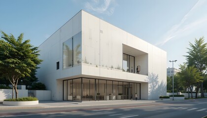 Modern architectural building with large windows and greenery.