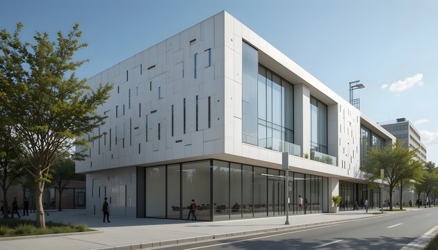 Modern architectural building with trees and pedestrians nearby.