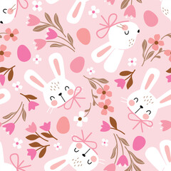 Seamless vector pattern with white rabbit head, Easter eggs and tiny flowers. Hand drawn cute Easter bunny pattern. Perfect for textile, wallpaper or nursery print design. EPS 10 vector file.