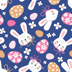 Obraz premium Seamless vector pattern with white rabbit head, Easter eggs and tiny flowers. Hand drawn cute Easter bunny pattern. Perfect for textile, wallpaper or nursery print design. EPS 10 vector file.