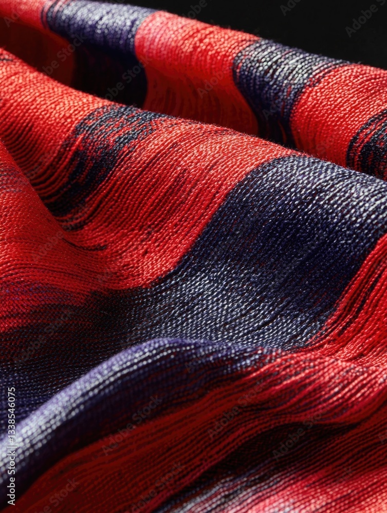 Poster A close-up view of a red and blue striped scarf with intricate patterns