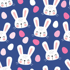 Seamless vector pattern with white rabbit head and Easter eggs. Hand drawn cute Easter bunny pattern. Perfect for textile, wallpaper or nursery print design. EPS 10 vector file.