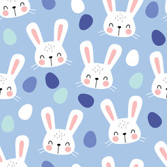 Seamless vector pattern with white rabbit head and Easter eggs. Hand drawn cute Easter bunny pattern. Perfect for textile, wallpaper or nursery print design. EPS 10 vector file.