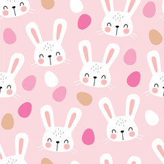 Seamless vector pattern with white rabbit head and Easter eggs. Hand drawn cute Easter bunny pattern. Perfect for textile, wallpaper or nursery print design. EPS 10 vector file.