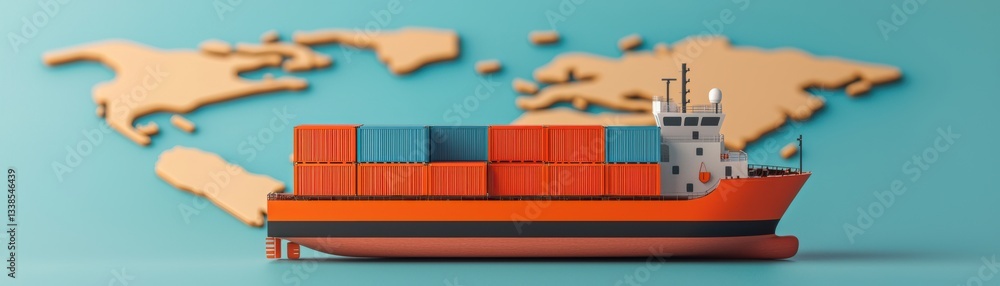 Poster a colorful model of a cargo ship with containers is displayed against a light blue background, featu
