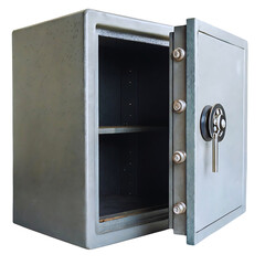 Fototapeta premium Open Grey Steel Security Safe Box with Shelves, Metal Door and Keyhole