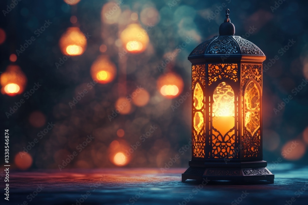 Aufkleber A lit lantern on a table with bokeh lights in the background