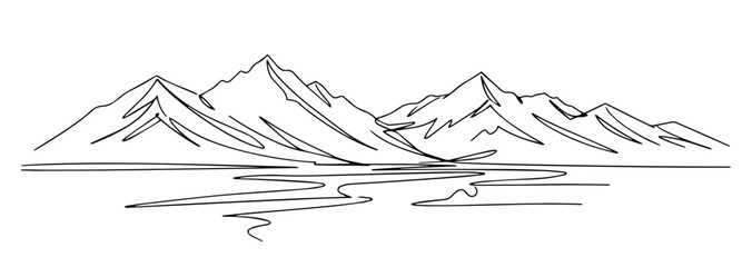 Fototapeta premium Altai Mountains with rugged peaks and pristine rivers line art one line vector