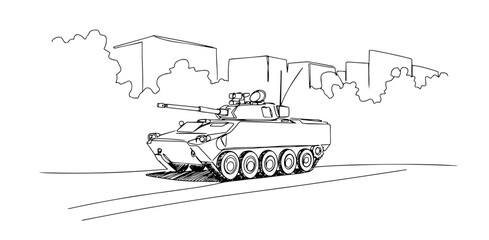 armored personnel carrier moving through a city street linear monoline vector black and white graphic thin oneline