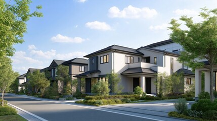 A modern, light gray and beige residential neighborhood in Japan, featuring multiple two-story homes with pitched roofs