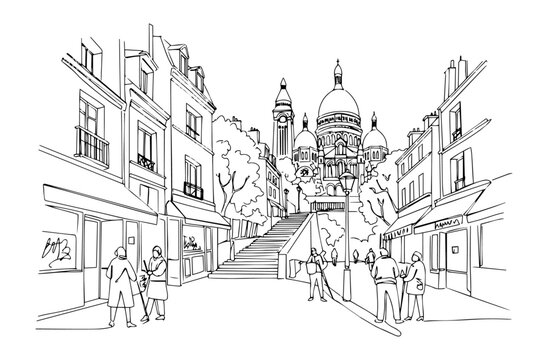 bustling Montmartre district in Paris with its artists and Sacr&eacute;-C&oelig;ur Basilica monoline vector line art sketch