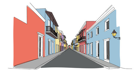 colorful streets of Old San Juan, Puerto Rico, colonial street vibrant architecture illustration © Wieslaw