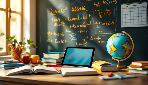 A classroom desk with books, a globe, pencils, and a tablet in front of a chalkboard filled with math equations. Perfect for education, e-learning, and academic concepts.